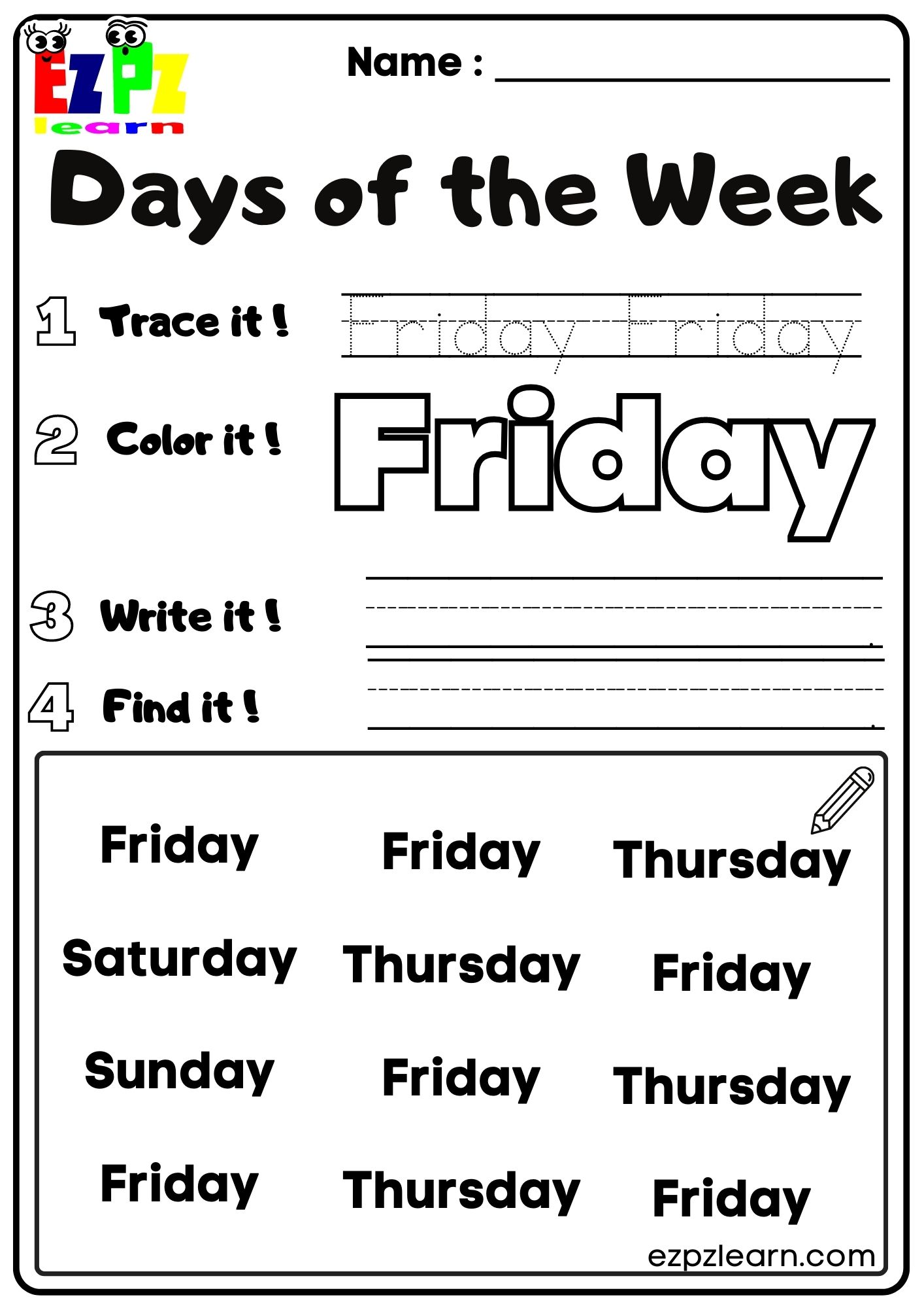 Friday Days Of The Week Kids Activity Ezpzlearn